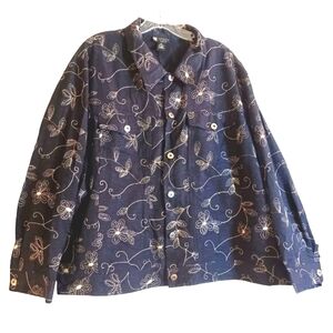 Vintage Black Silk  Embroidered Wearable Art Full Button Jacket 3X